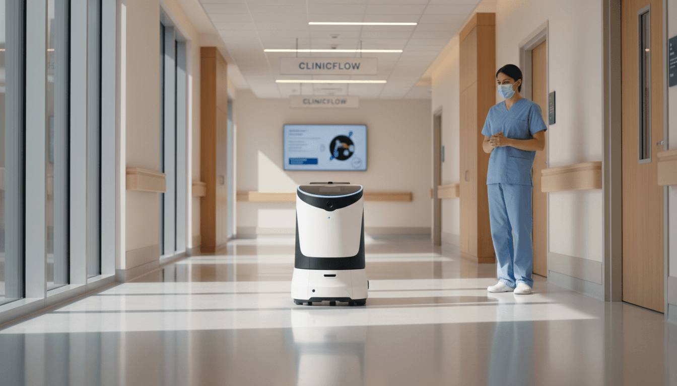 Autonomous mobile robot operating in a modern hospital corridor with healthcare professional nearby