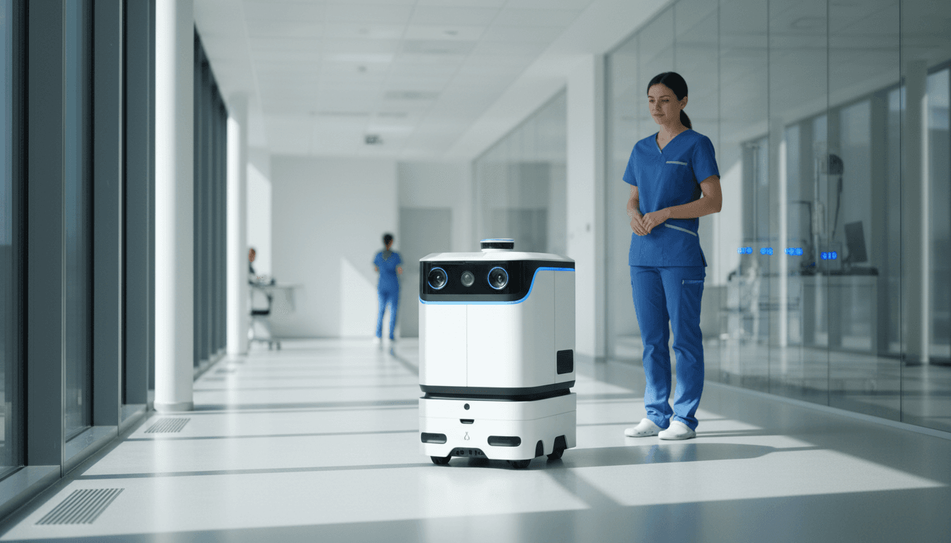 Autonomous mobile robot deployed in a modern hospital corridor with healthcare staff observing
